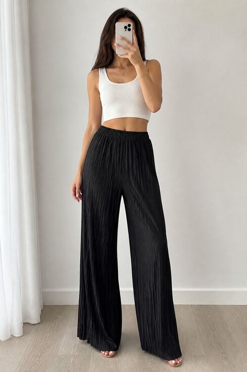 Lock & Love Pants - Lock & Love Black Wide Leg Pleated Pants L-XL